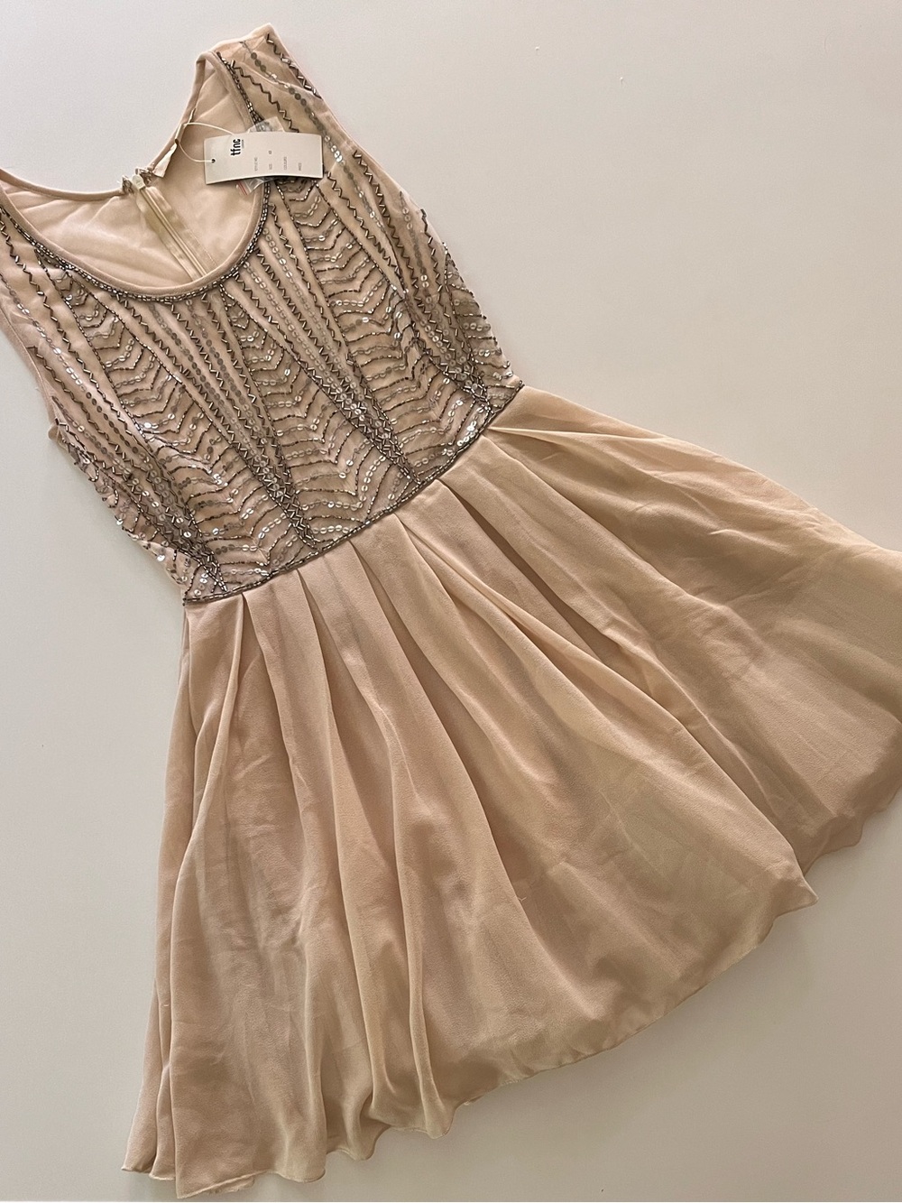 1920s Balletcore Beaded Cream Party Dress- NWT, XS, Sheer Top, Lined Skirt